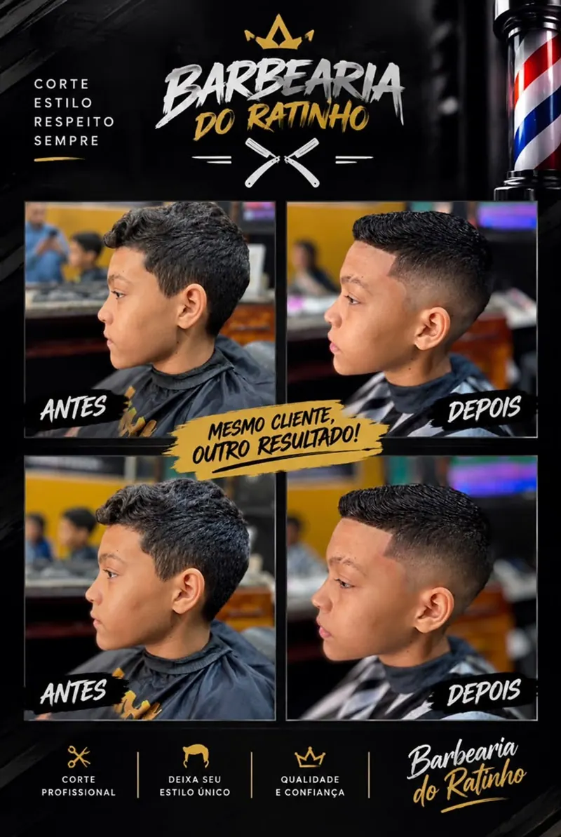 Barbearia do Ratinho. Corte, estilo, respeito, sempre. Mesmo cliente, outro resultado! Duas fotos de antes, com o cabelo grande, e duas de depois, com o degradê. Corte profissional, deixa seu estilo único, qualidade e confiança.